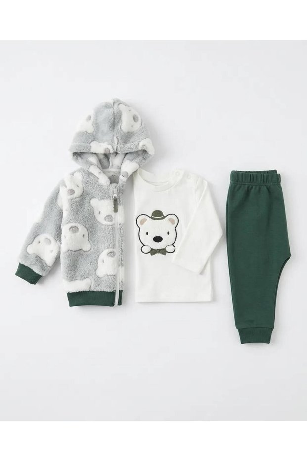 Teddy Bear Embroidered 3-Piece Baby Boy Set with Welsoft Fleece 100% Cotton 3-6 Months 6-9 Months 9-12 Months 12-18 Months Baby Boy Set Hooded Cardigan+Body+Pajamas Newborn Baby Set 100% Cotton Winter Baby 3-Piece Set