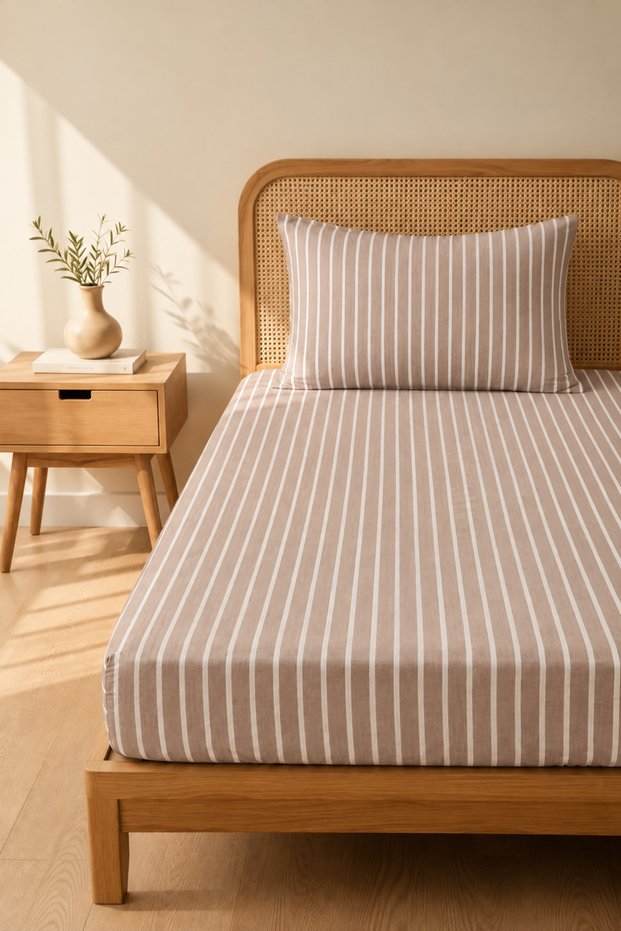 Lines Premium Ranforce Elastic Sheet and Pillowcase Set 100X200 cm Beige White Striped