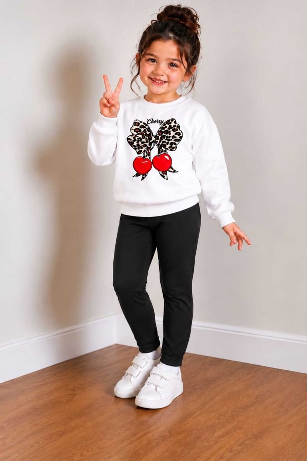 Girl's Cherry and Leopard Bow Printed Double Top and Bottom Set Vvv