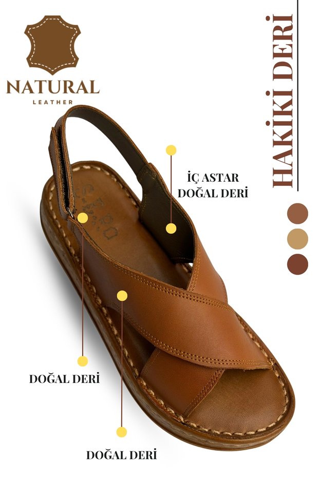Genuine Leather Women's Sandals - Soft Thick Sole Genuine Leather Velcro Women's Sandals Tan