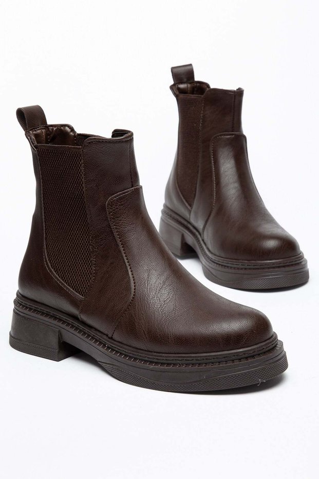 Women's Boots Brown Laceless Stretch Thick Sole Faux Leather