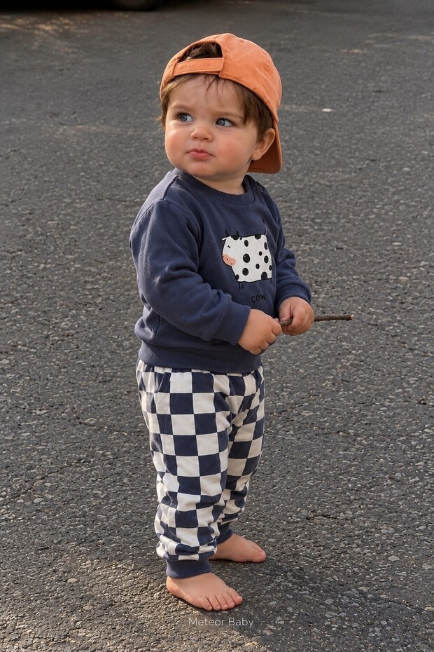 Baby Boy Set with Cow Print and Checkered Pattern Square Trousers, 2-Piece Seasonal Set