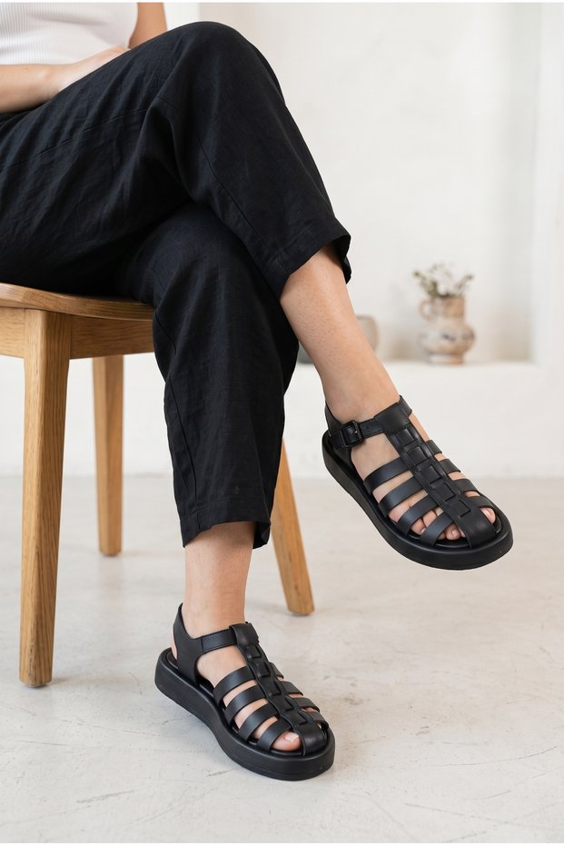 Women's Genuine Leather Cage Sandals with Ankle Buckle, Daily Comfortable Shoes