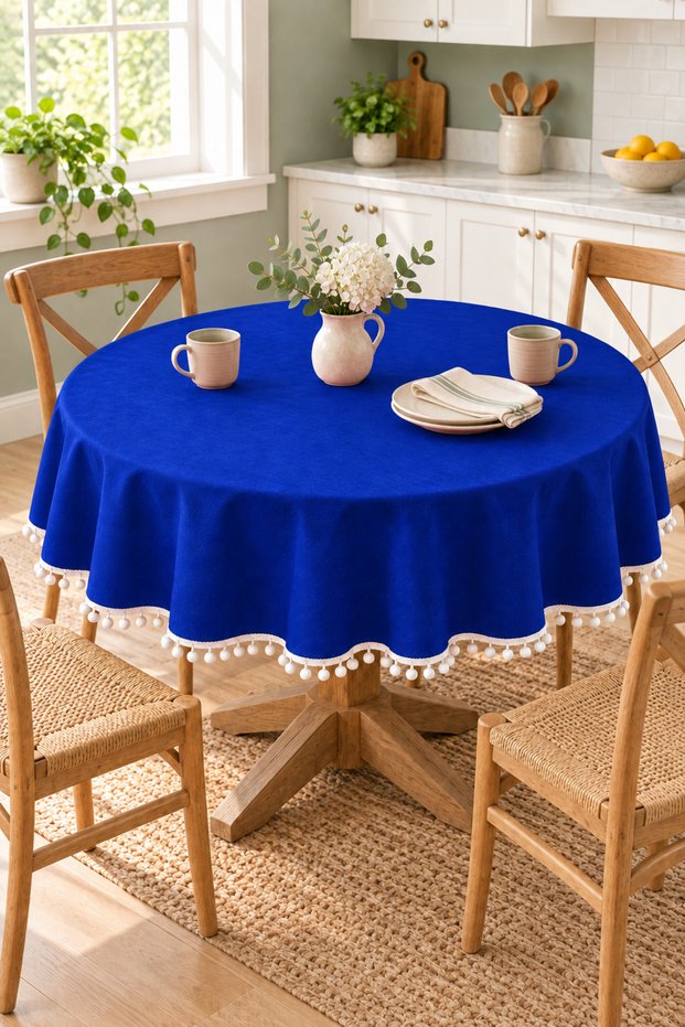 Pompom Detailed Round Tablecloth – Liquid-Resistant, Stain-Proof, Durable Duck Fabric, Different Size Options