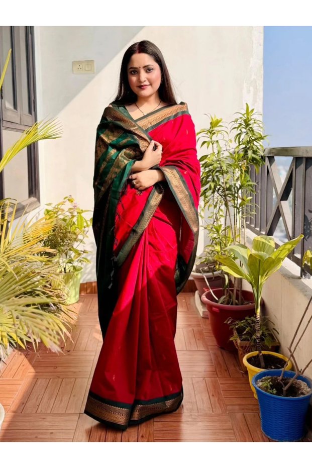 Red Soft Silk Saree with Dark Green & Gold Zari Border - MAF101206 | Red, Dark Green & Gold