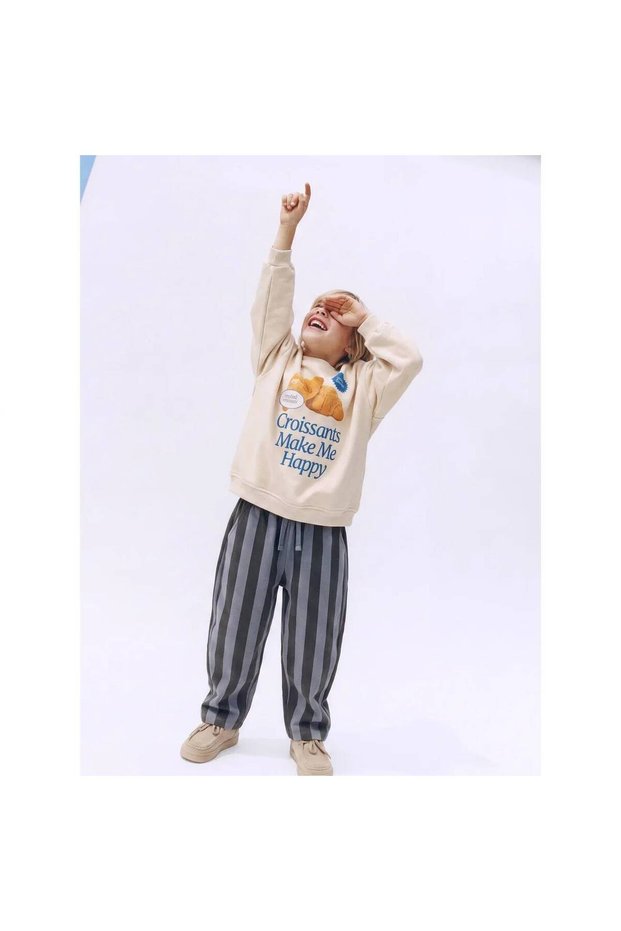 Boys' Croissant Print Crew Neck Sweatshirt and Gray-Black Vertical Striped Sweatpants Set