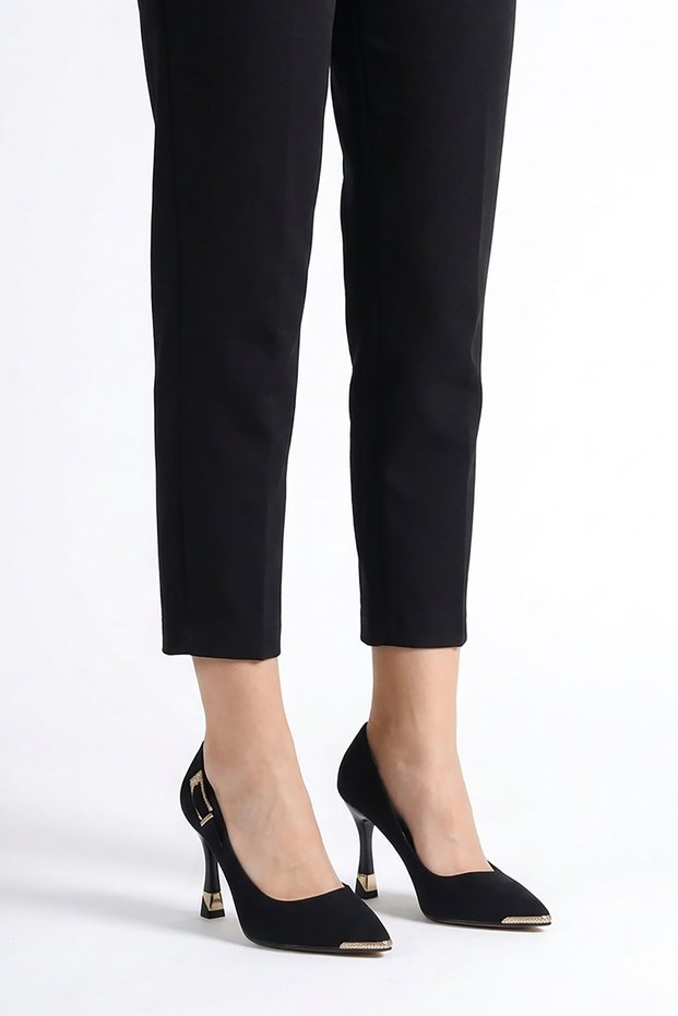 Jutes Side Buckle Stoned Heel Ironed Women's Stiletto Black Satin