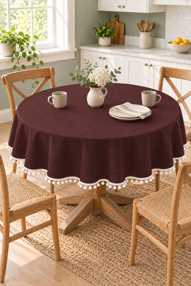 Pompom Detailed Round Tablecloth – Liquid-Resistant, Stain-Proof, Durable Duck Fabric, Different Size Options