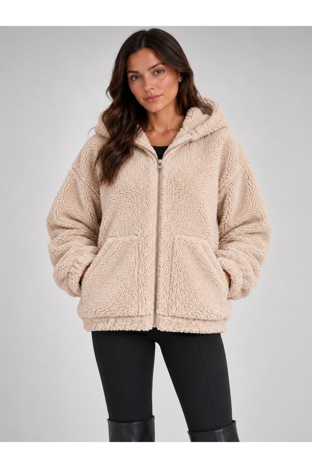 Women's Beige, Oversized Hooded Plush Coat – Zippered, Pocketed, Soft Textured Teddy Fur Look Winter Coat