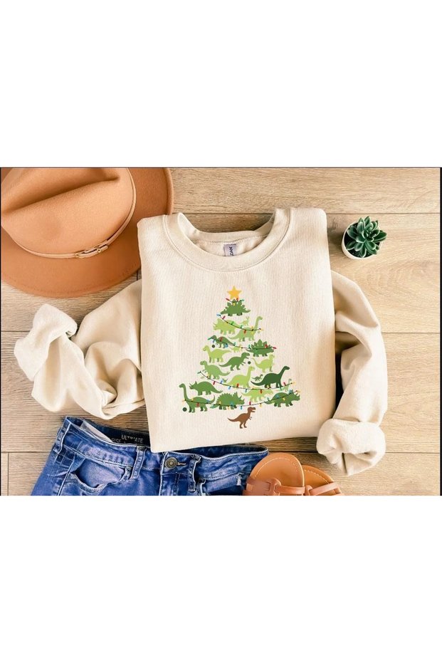Dinosaur Christmas Tree Printed Unisex Children's Sweatshirt 4-12 Years