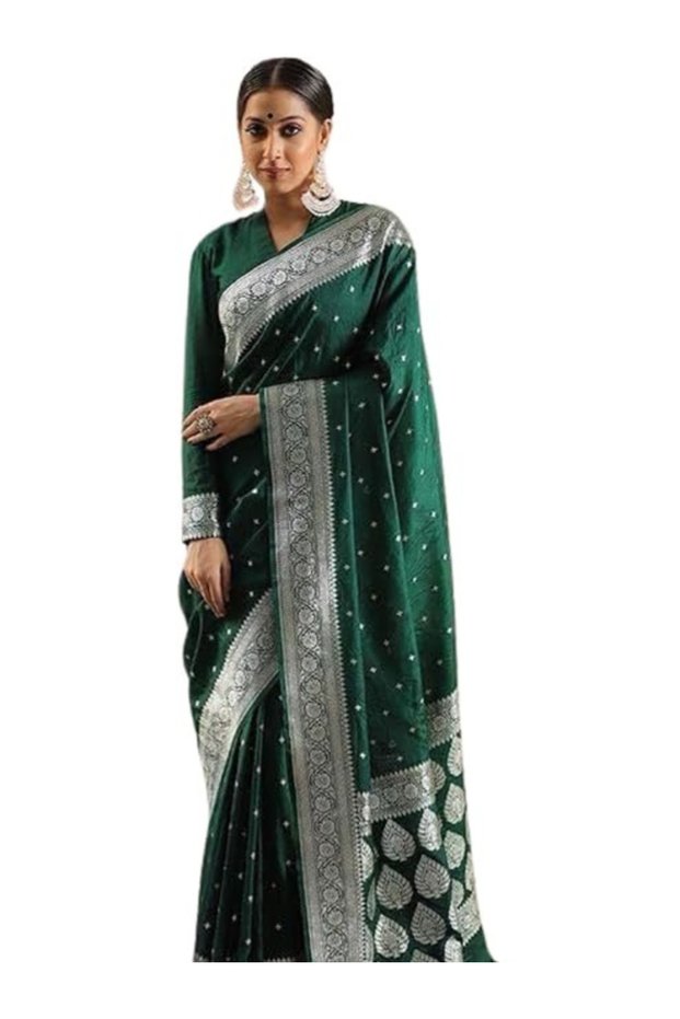 Dark Green Soft Silk Banarasi-Style Saree with Silver Zari Border - MAF101220 | Dark Green & Silver