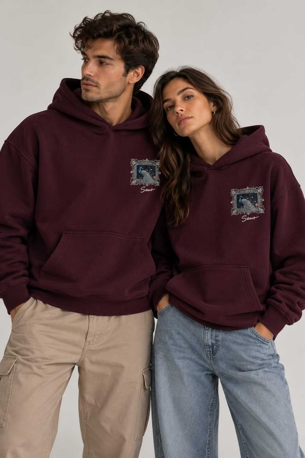 Unisex Oversize Peacock Embossed Detailed Hooded Sweatshirt Hoodie, Plum
