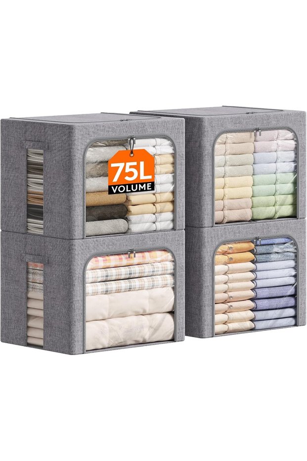 4 Pack Clothes Storage Bins with Metal Frame, Stackable Storage Box