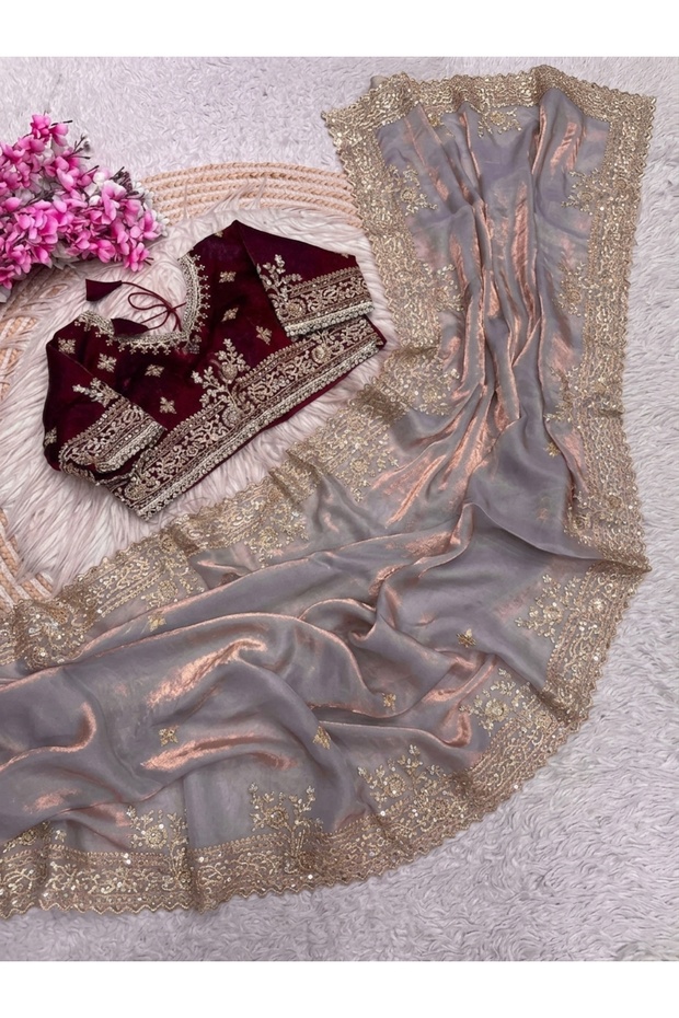 Gray Fendy Satin Embroidered Saree with Designer Blouse - KTS9720 | Gray