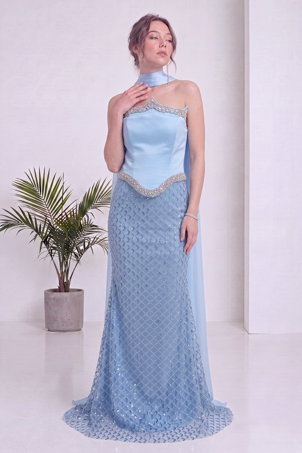 Women's Corset Detailed Stoned Beaded Embroidered Shawl Collar Fish Model Evening Dress Black, Navy Blue, Brown, Baby Blue
