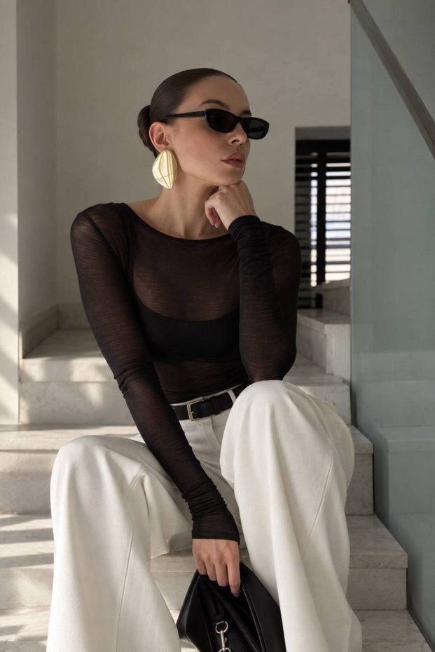 Boat Neck Long Sleeve Women Transparent Blouse 52115063