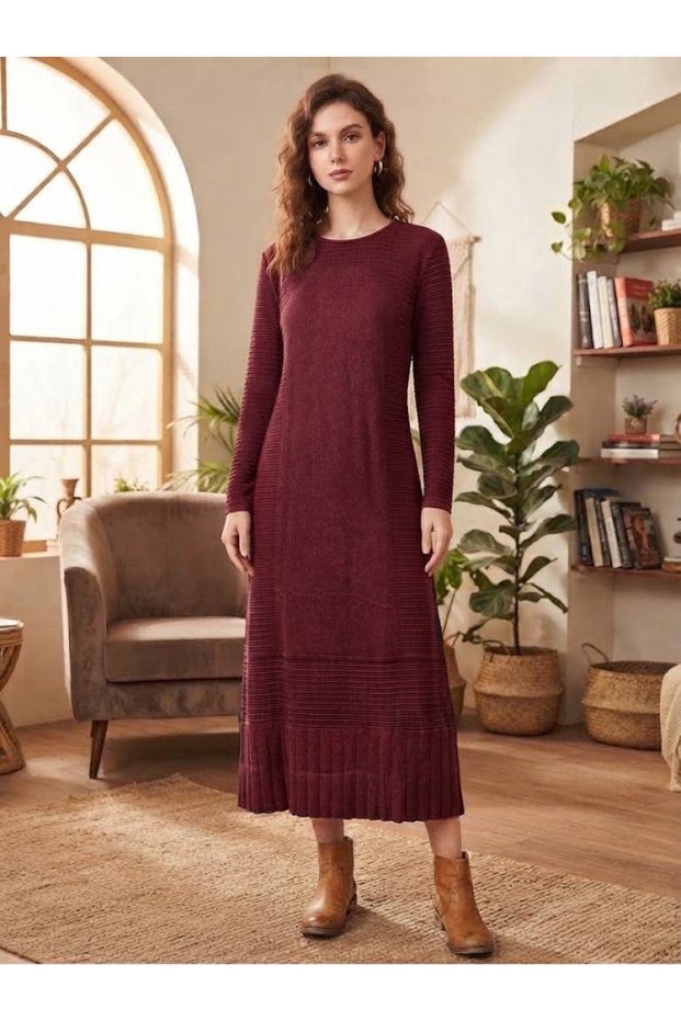 Women's Round Neck Casual 100% Cotton Knitwear Dress with Vintage Detail