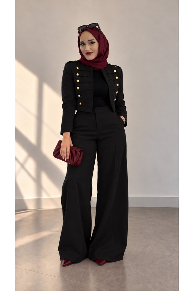 Women's Black Gold Button Detailed Jacket and Trousers Set