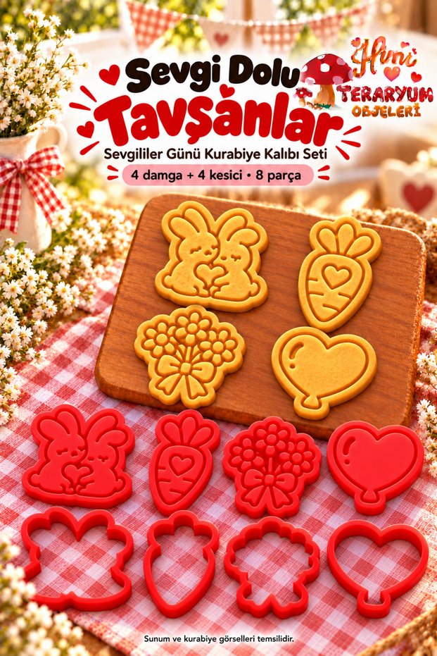 Loving Rabbits Valentine's Day Cookie Mold Stamp Cutter Set Rabbit Double Heart Carrot Flower Bouquet
