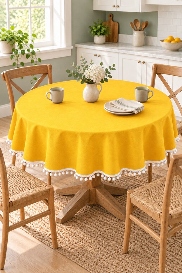 Pompom Detailed Round Tablecloth – Liquid-Resistant, Stain-Proof, Durable Duck Fabric, Different Size Options