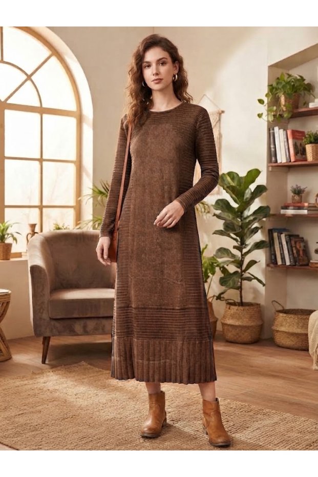 Women's Round Neck Casual 100% Cotton Knitwear Dress with Vintage Detail