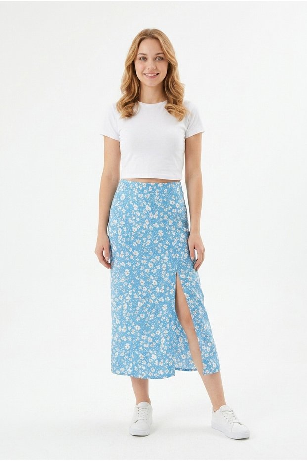Women's Floral Patterned Slit Detailed Elastic Waist Flexible Fabric Summer Stylish Model Skirt