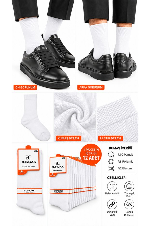 Burçak Men's Classic Cotton Long Socks 12-Pack – Breathable, Soft Textured, Flexible and Durable