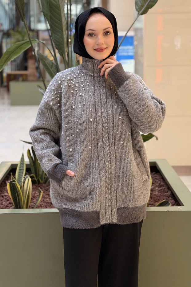 Fuat Gürşen High Collar Front Zipper Pearl and Stone Embellished Angora Coat