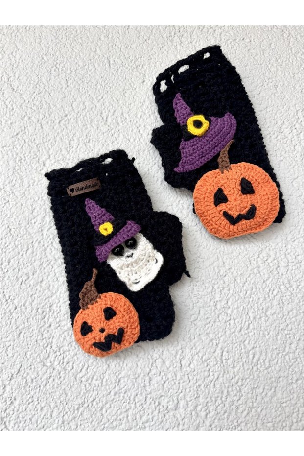 Women's Black Color Pumpkin Halloween Halloween Figured Design Handmade Knitting Fingerless Gloves