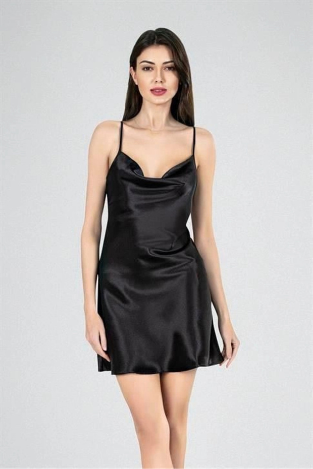 Elegant design soft touch black degaje neckline short satin nightgown