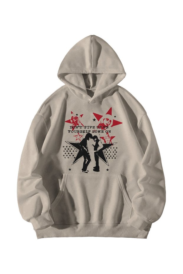 Women Men Cream Dont Give up Printed Ebstar Oversize Hooded Kangaroo Pocket Sweatshirt Hoodie