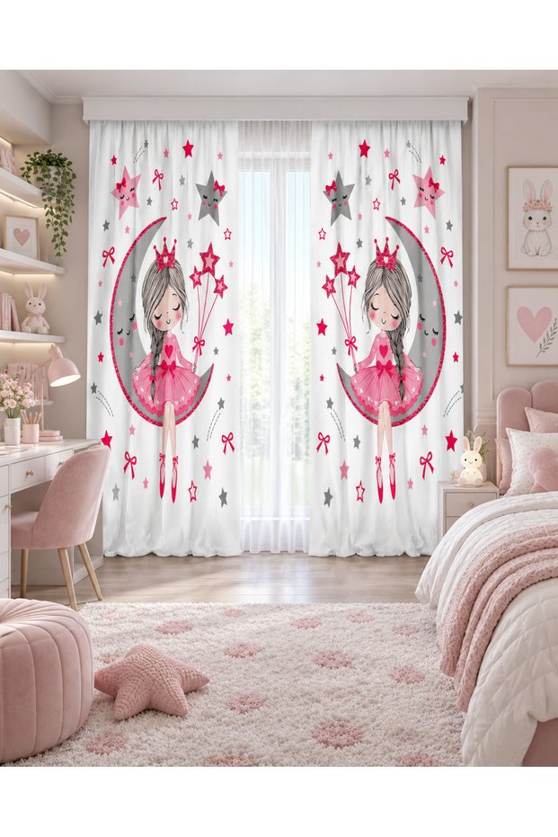 Princess Moon and Star Patterned Double Winged Background Curtain