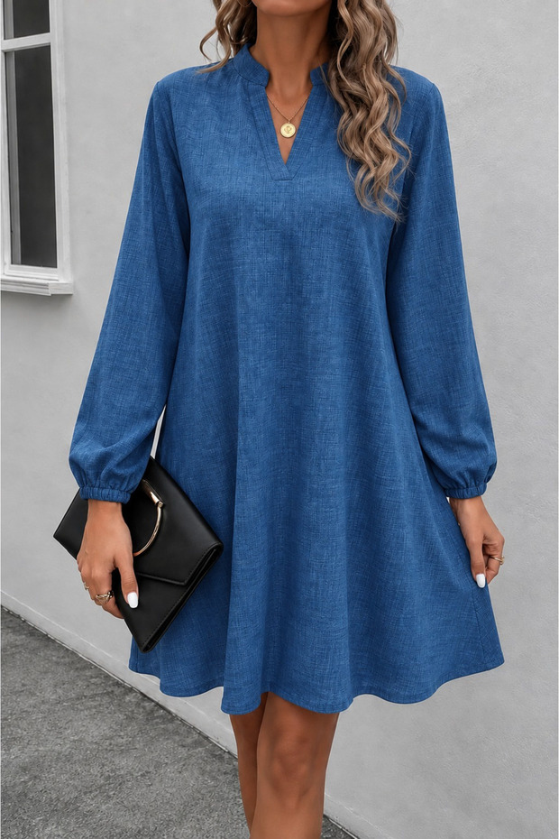 Women's Long Sleeve Hakim V-Neck Kiloş Short Sofia Dress