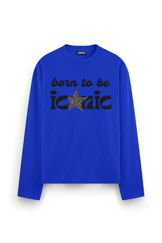 Born to Be Iconic Printed Long Sleeve Oversize Fit T-Shirt Blue