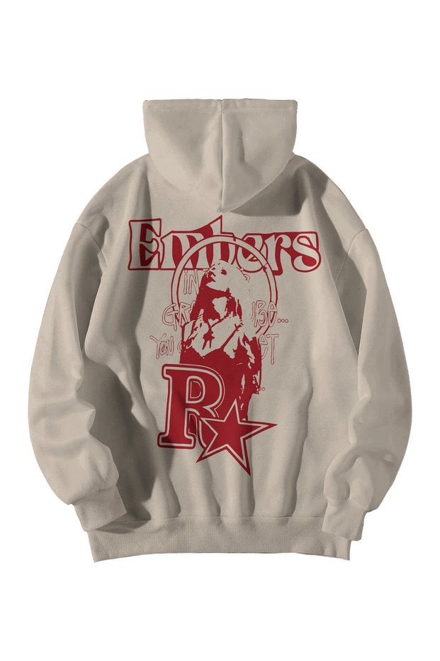 Women's Men's Cream Embers Printed Ebstar Oversize Hooded Sweatshirt with Kangaroo Pocket