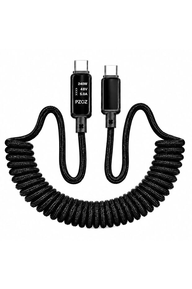 كابل USB-C ملفوف مع شاشة LED، سلك شحن سريع بقوة 240 واط