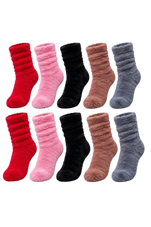 Women's Plush Home Socks Set of 10 | Soft Fuzzy Drawstring Winter Socks Red Pink Black Coffee Gray
