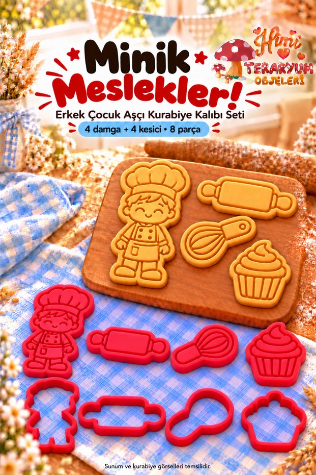 Boy's Chef Cookie Mold Stamp Cutter Set Kitchen Roller Whisk Cupcake Profession Themed Celebration
