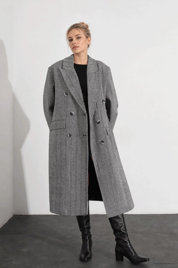 Herringbone Patterned Embroidered Wide-Fit Premium Cashmere Coat