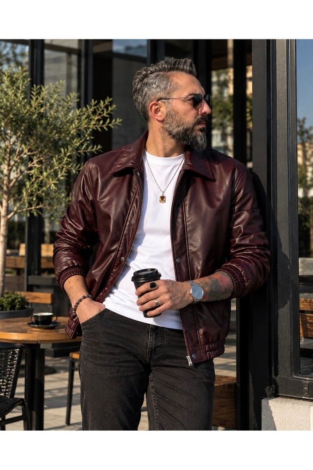 Men's Milano Heritage Boxy Fit Leather Jacket with Fur Lining, Zipper and Snap Fasteners