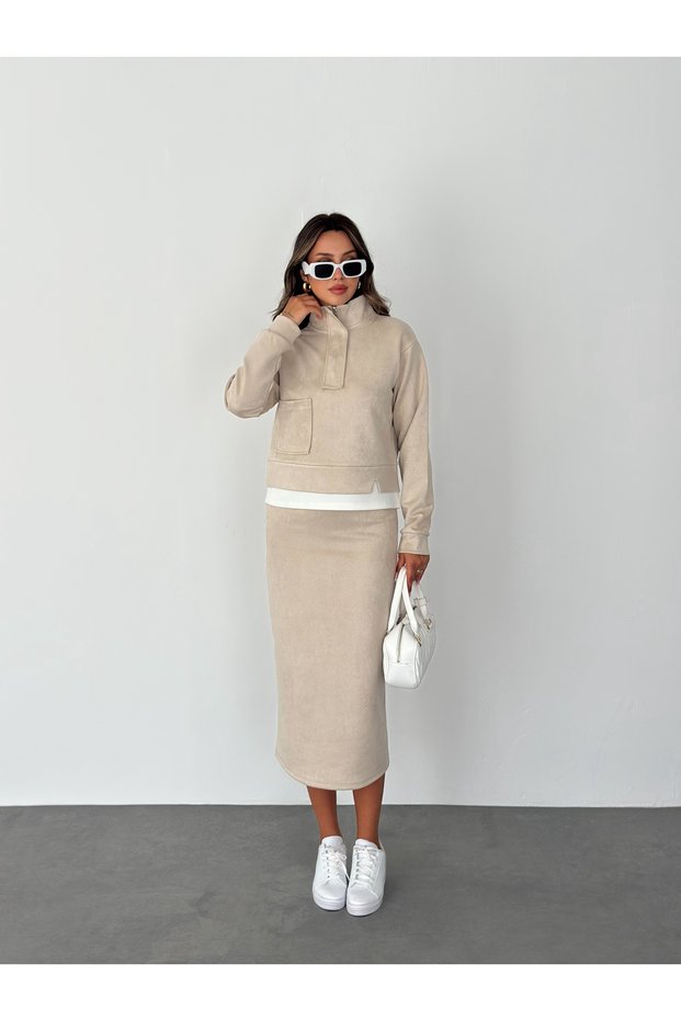 Suede Stand Collar Half-Zip Skirt Suit