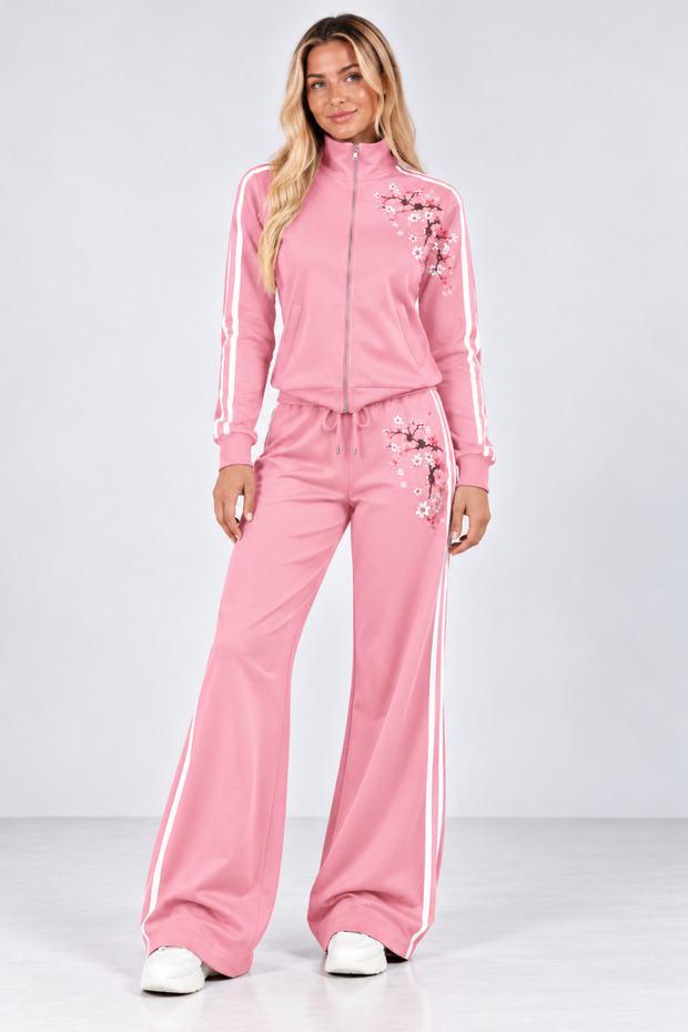 Sakura Flower Patterned Women's Tracksuit Set with 3 Stripe Detail