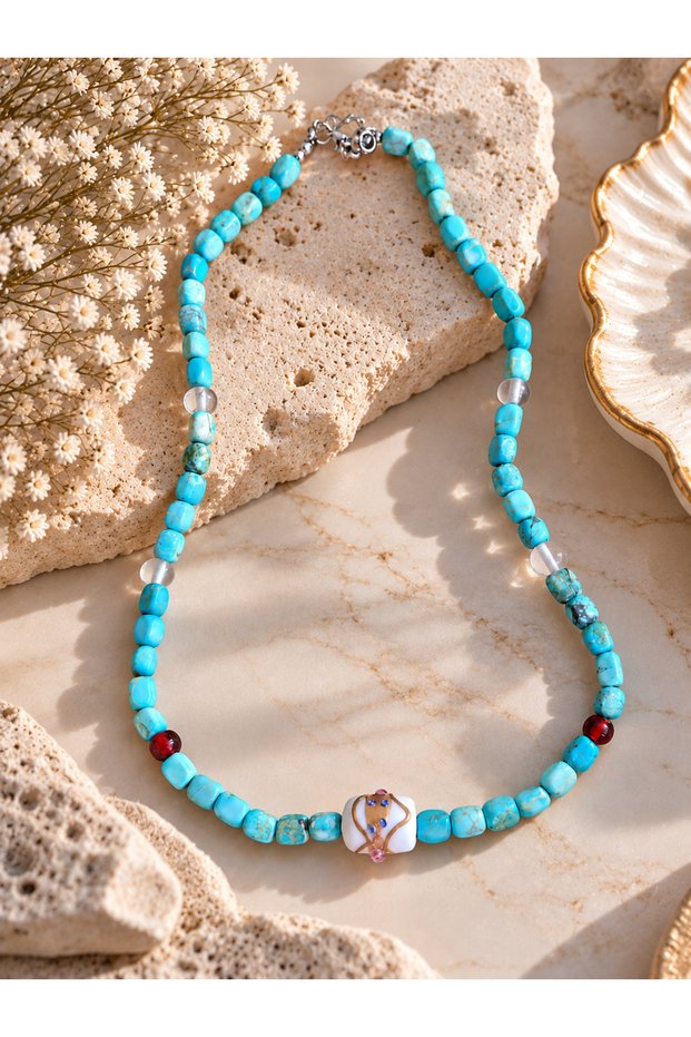 Light Blue Variscite Natural Stone Necklace – Ceramic Bead Detail, Handmade Special Design