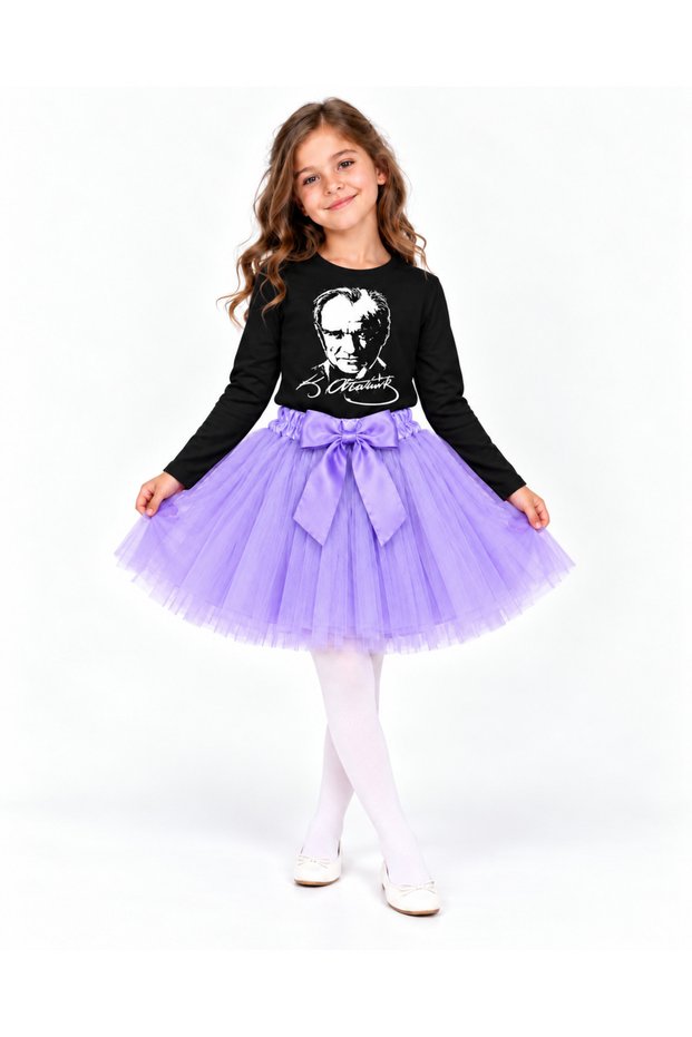 Girl's Ataturk Printed Black Long Sleeve T-Shirt, Lilac Bow Tutu Skirt and White Pantyhose 3-Piece Set