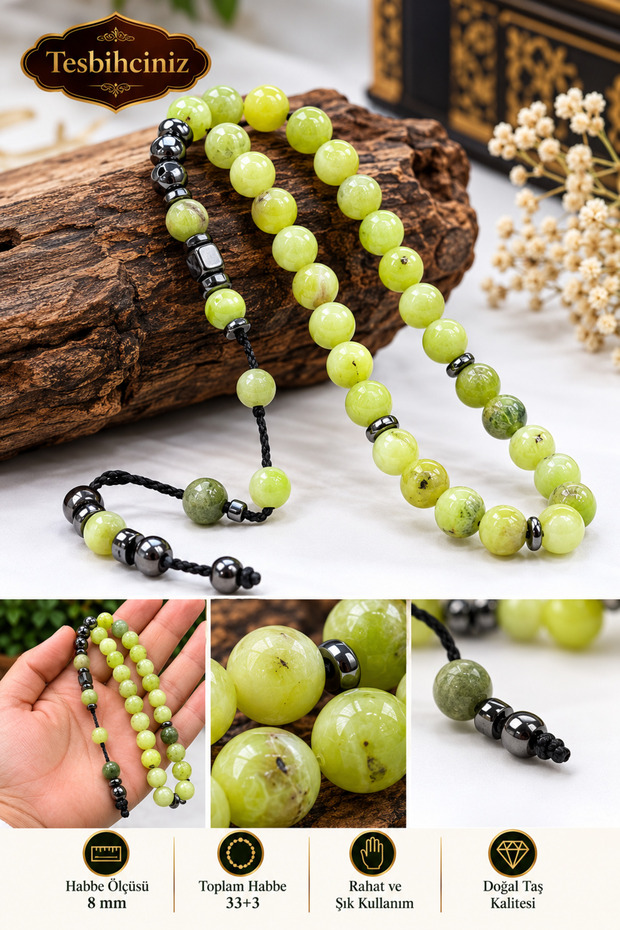 Men's Gift Natural Stone Prayer Beads - 8 mm Habbe Size & Hematite Detailed Stylish Design