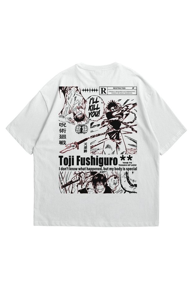 Unisex White Oversize T-Shirt - Toji Fushiguro Anime Printed 100% Cotton Crew Neck T-Shirt