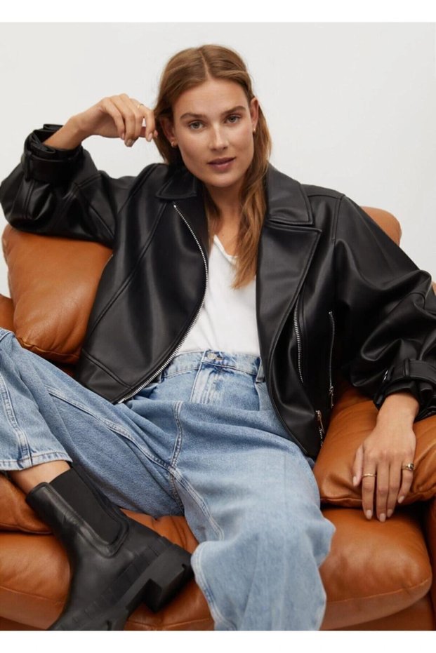 Women's Black Oversized Leather Jacket