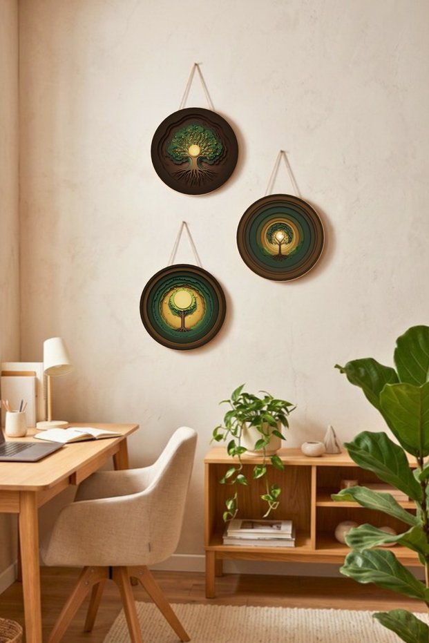 Tree of Life 3-Piece Round Painting Set with String Mdf Wood Wall Decor Layered Look