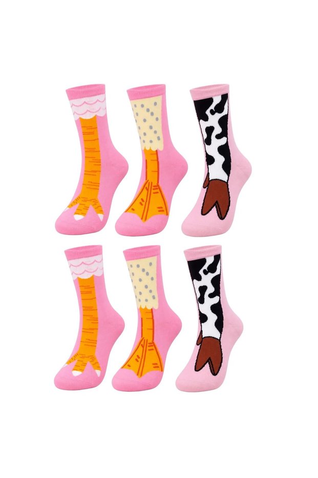 Women's Set of 6 Pink Animal Patterned Socks | Cute and Fun Daily Socks with Cow Figure
