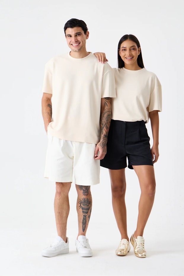 Beige Premium Oversize Basic T-Shirt – Silky Textured Special Cupra Interlock Fabric